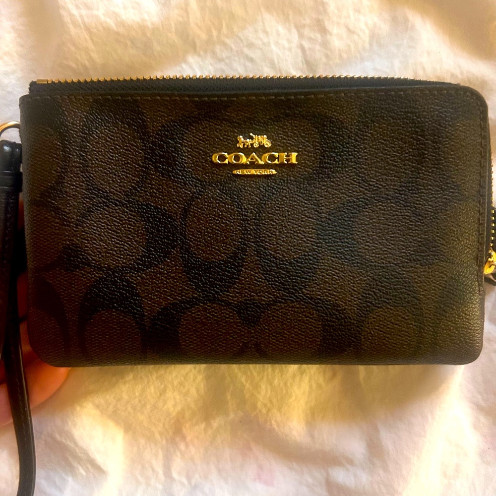 Coach Black Signature Zip Wristlet with Gold Logo